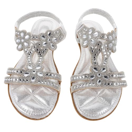 VALICLUD Damen Sandalen mit Funkelnden Strasssteinen Stilvolle Flache Sommerschuhe Bequeme Feminine Sandaletten für Strand Freizeit und Alltag Silberfarben von VALICLUD