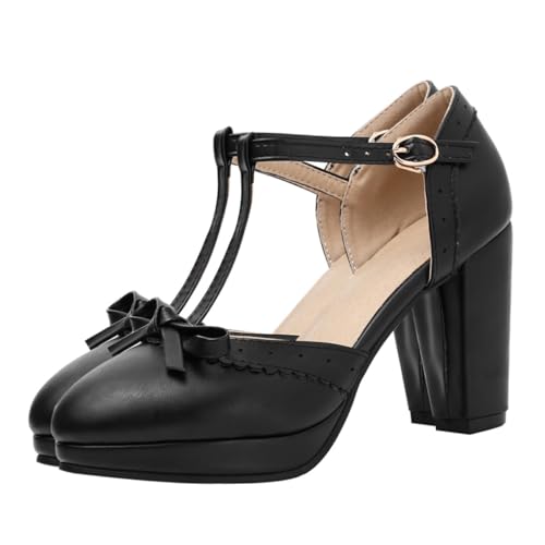 VALICLUD Damen Sandalen mit Stabilem Grobem Absatz Schleifen detail Pu material Atmungsaktiv und Angenehm für Frühling und Sommer Rutschfest Modisch und Langlebig Schwarz von VALICLUD