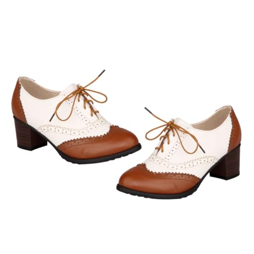 VALICLUD Damen Schnürschuhe mit Stabilem Absatz Modische High Heels mit Tiefem Ausschnitt Atmungsaktives Obermaterial Vielseitig Kombinierbar Komfortabel für Ganztägiges Tragen Braun von VALICLUD