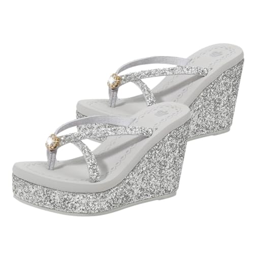 VALICLUD Damen Sommer Sandalen High Heels mit Glitzer und Diamantverzierung Rutschfest Atmungsaktiv Modische Flip flops für Strand Freizeit und Alltag Silberfarben von VALICLUD