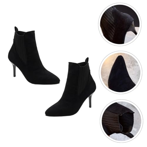 VALICLUD Damen Stiefeletten mit Absatz Spitze Schwarze Ankle Boots aus Samtigem Material Atmungsaktiv und Bequem Modische Kurzstiefel für Alltag Party und Shopping von VALICLUD