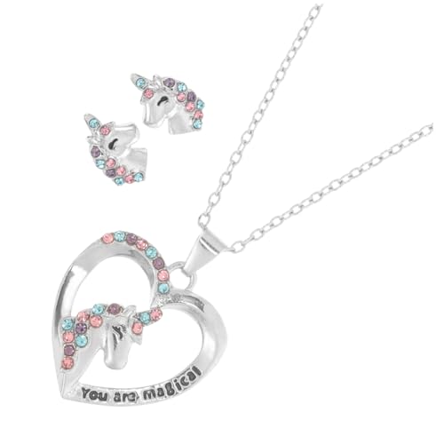 VALICLUD Einhorn Schmuckset für Mädchen Herz Halskette und Einhorn Ohrringe Ergonomisches Metall Design Langlebig Modisch Bunt für Geburtstage von VALICLUD