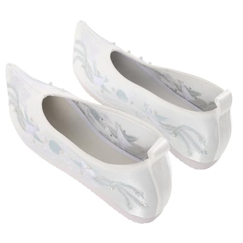 VALICLUD Ethnische Brautschuhe Damen Bestickte Hochzeitsschuhe mit Absatz Vintage Chinesischer Stil Bequeme Stoffschuhe für Tanz und Festlichkeiten Weiße Hausschuhe von VALICLUD