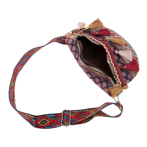 VALICLUD Ethnische Damen Brusttasche Kleine Umhängetasche mit Verstellbarem Gurt Retro Quasten Design Leichte Bauchtasche für Alltag und Freizeit Weinrot von VALICLUD