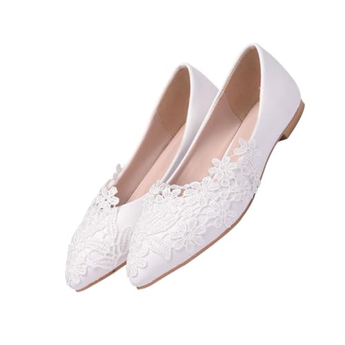 VALICLUD Flache Hochzeitsschuhe Damen Spitzenbesatz Weiß Leichte und Bequeme Brautschuhe mit Spitzem Zehenbereich für Formelle und Anlässe Stilvolle Flache Schuhe für Hochzeit und Alltag von VALICLUD