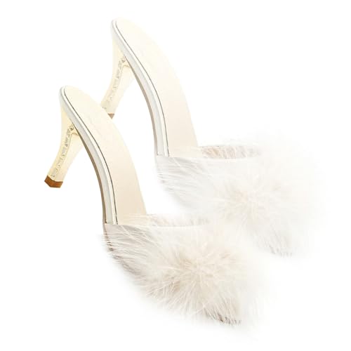 VALICLUD Fluffige Sommer Slippers Damen High Heel Sandalen Weiß Beige Rutschfeste Sohle Komfortable Offene Zehen Pantoletten Für Alltag Büro Shopping von VALICLUD