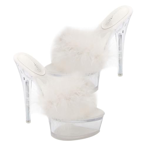 VALICLUD Fluffy High Heel Sandalen Damen Hausschuhe mit Weichem Fußbett Transparente Plateauabsatz Slippers Bequeme Outdoor Sandalen für Mädchen Sommer Geschenkidee Weiß von VALICLUD