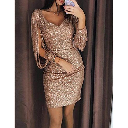 VALICLUD Enge Kleider Frauen Tiefen V- Ausschnitt Belegkleide Backless Weg von Der Schulter Paillette Kleider Spaghetti Riemen Bodycon Clubwear- Größe S (Goldene) Queste von VALICLUD