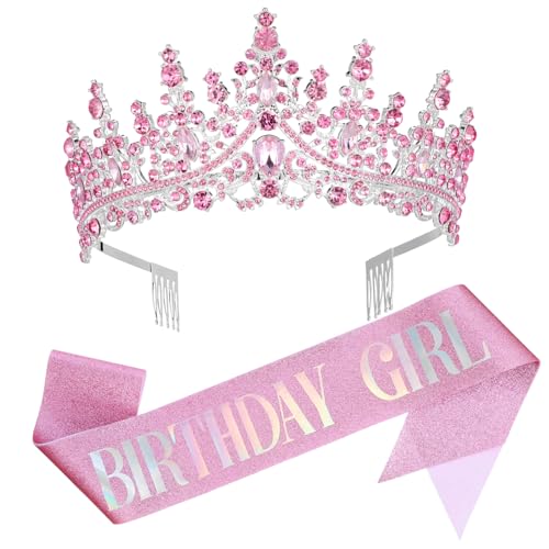 VALICLUD Geburtstagskrone und Schärpe Damen mit Funkelnden Kristallen Leichte Prinzessin Tiara und Silberne Happy Birthday Schärpe für Mädchen Party Vielseitig für Feier Hochzeit von VALICLUD