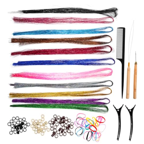 VALICLUD Glitzernde Hair Tinsel Farben Leichte Bunte Haarsträhnen zum Einflechten DIY Haarverlängerung für Frauen und Mädchen Mit Teiligem Werkzeugset und Anleitung von VALICLUD