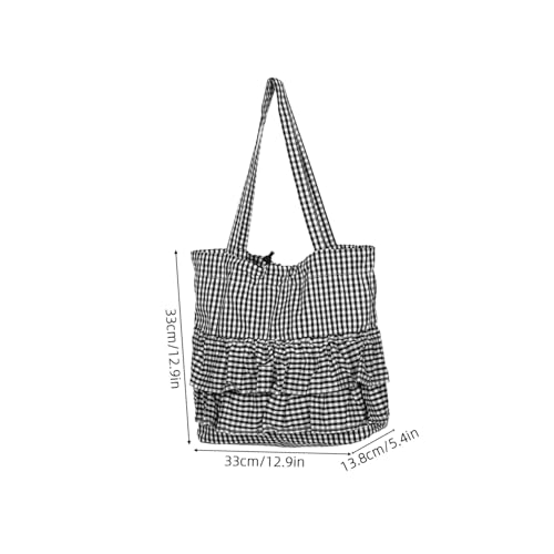 VALICLUD Große Checkered Canvas Tote Bag mit Rüschensaum Robuste Schultertasche aus Canvas für Damen Geräumig Modisch Leicht für Arbeit Einkaufen Reisen und Freizeit Schwarz von VALICLUD
