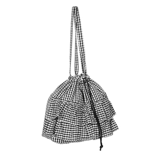 VALICLUD Große Kariert Canvas Tote Bag für Damen mit Rüschenbesatz Geräumige Wiederverwendbare Umhängetasche aus Robustem Canvas Modisch und Bequem für Alltag Einkauf Reise Schwarz von VALICLUD