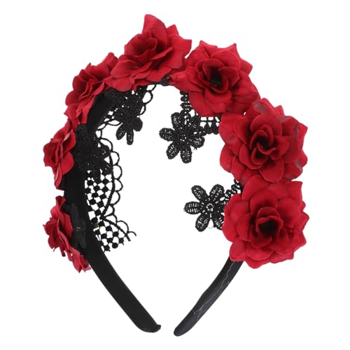 VALICLUD Halloween Haarreifen aus Schwarzer Spitze mit Dunkler Roter Rosenblüte Atmungsaktiv und Verstellbares Cosplay Kopfschmuck für Party Fasching und Kostümveranstaltungen von VALICLUD