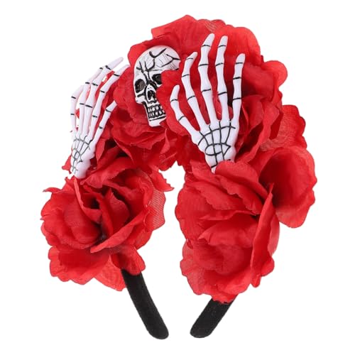 VALICLUD Halloween Stirnband Damen mit Realistischer Schädel und Handknochen Dekoration Roter Rosenblüte Leichtes Kostüm Haaraccessoire für Party Cosplay und Gruselige Halloween Feiern von VALICLUD