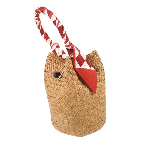 VALICLUD Handgefertigte Woven Tote Bag Damen Strandtasche Boho Style Leichte Geflochtene Handtasche mit Roter Seidenschal Robuste Vielseitige Einkaufstasche für Freizeit Reisen und Alltag von VALICLUD