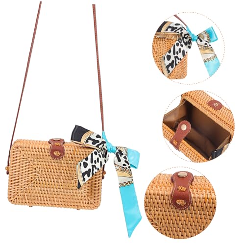 VALICLUD Handgewebte Strohtasche Damen Schultertasche mit Dekorativem Seidenschal Natürliche Basttasche Clutch für Sommer Strandmode Elegante Crossbody Tasche für Frauen und Mädchen von VALICLUD