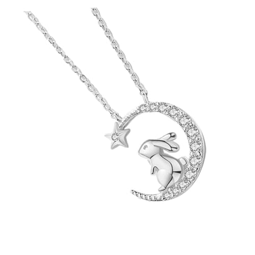 VALICLUD Zarte S925 Silber Hasenkette Mit Strass Mondanhänger Cartoon Ebene Halskette Für Mädchen Als Zur Einschulung Weihnachten Oder Geburtstag Eleganter Schmuck Für Jeden von VALICLUD