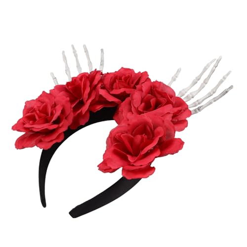 VALICLUD Halloween Skull Hand Floral Headband Künstliche Rosen Und Skelett Hände Haarreif Für Halloween Kostümpartys Und Fotografie Requisiten Bequem von VALICLUD