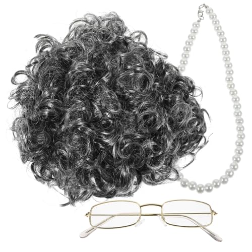 VALICLUD Kostüm Alte Frau Perücke Kurze Lockige Brille Und Kette Großmutter Cosplay Requisiten Party Performance Outfit von VALICLUD