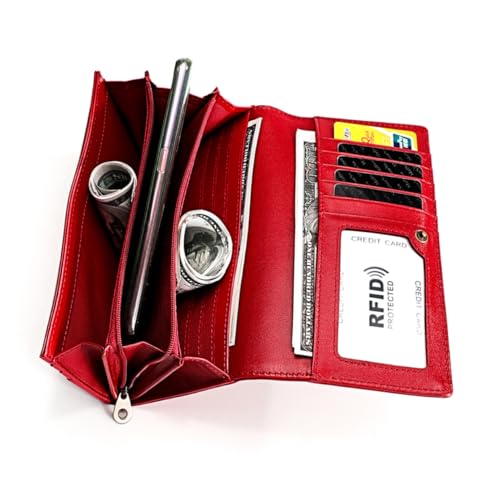 VALICLUD Leder Damen Geldbörse Lang Wallet Multifunktionale Große Kapazität Für Frauen Und Mädchen Rot Stilvolles Design Praktischer Druckverschluss Für Täglichen Gebrauch Für von VALICLUD