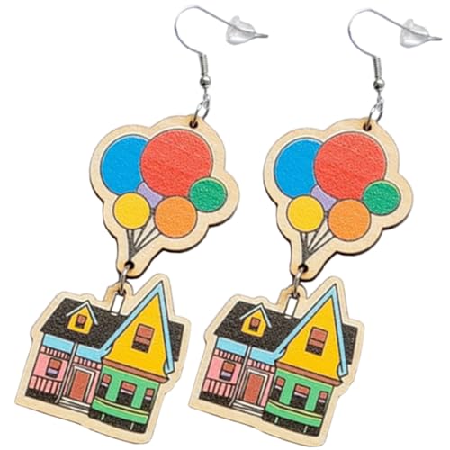 VALICLUD Leichte Holzohrringe für Frauen Boho Hängende Holz Ohrringe mit Geschnitztem Haus und Luftballon Design Hautfreundlich Langlebig Modisch für Alltag Festival Urlaub und Dating von VALICLUD