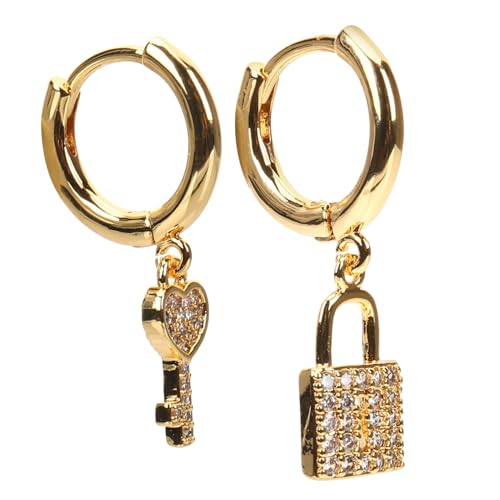 VALICLUD Lock And Key Ohrringe Damen Statement Creolen Asymmetrisch Zirkonia Herz Schlüssel Schmuck für Alltag und Festtage von VALICLUD
