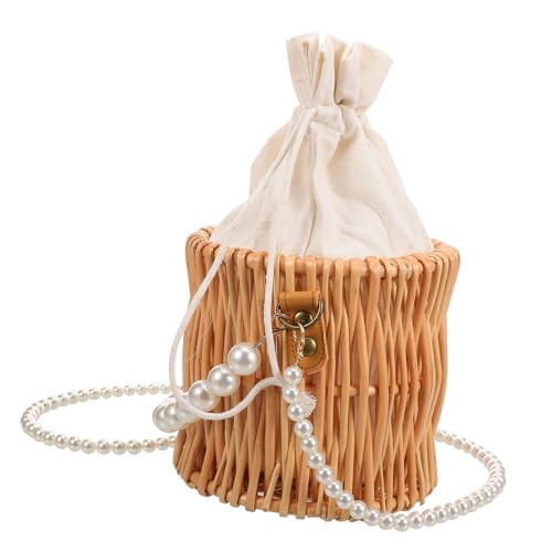 VALICLUD Modische Kleine Schultertasche Damen Gewebte Wicker Handtasche mit Perlenkette Leichter Rattan Korbbeutel Sicherer Zugverschluss für Alltag und Reisen von VALICLUD
