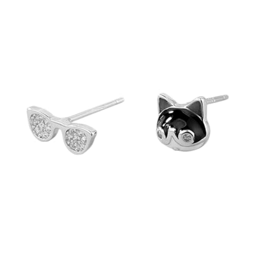 VALICLUD Ohrstecker Katze Damenohrringe Katzen-Ohrstecker unregelmäßiger Ohrstecker Ohrstecker-Brille Diamant-Ohrringe lustiger Ohrhänger Frau Ohrstecker asymmetrisch Gläser Zubehör S925 von VALICLUD