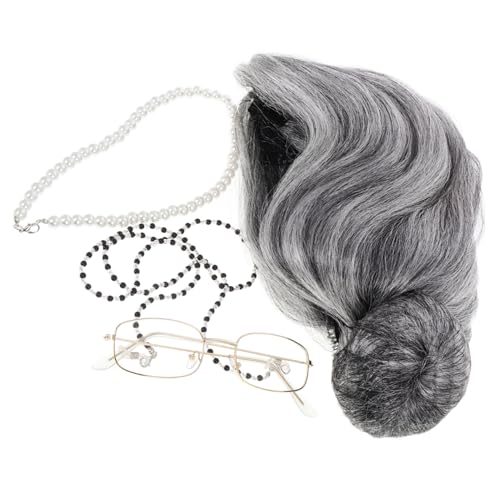 VALICLUD Old Grandma Wig Kostümset Für Damen Und Mädchen Inklusive Perücke Brille Halskette Und Accessoires Für Halloween Und Schulveranstaltungen von VALICLUD