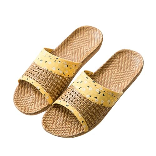 VALICLUD Open Toed Hausschuhe Damen Gelb mit Bedrucktem Design Atmungsaktive Flache Slipper mit Rutschfester Sohle Bequeme Sommerpantoffeln für Innen und Außen von VALICLUD