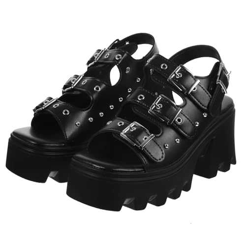 VALICLUD Punk Rivet Sandalen Damen Roman Schuhe mit Dickem Plateauabsatz Modische Sandaletten mit Grobem Blockabsatz Bequem und Stylisch für Alltag und Reisen Schwarz von VALICLUD