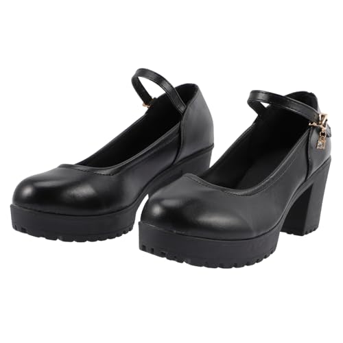 VALICLUD Runde Damen High Heels Schwarz Niedriger Schuhausschnitt Stilvolle PU Pumps rutschfeste Gummisohle Komfortabel und Langlebig Passend zu Röcken und Hosen von VALICLUD