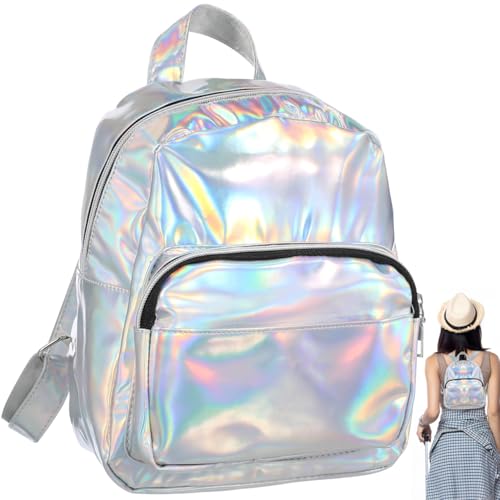 VALICLUD Mini Rucksack Damen Holographisch Wasserdicht Pu Schultasche Mädchen Grau 9,1 X 8 X 3,6 Zoll Doppelreißverschluss Für Schule Reisen Outdoor von VALICLUD