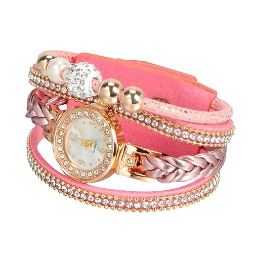 VALICLUD Strass Damen Armbanduhr Quarzuhr mit Geflochtenem Armband Rosa Handgelenk Kette Frauen Uhr für Besondere Anlässe von VALICLUD