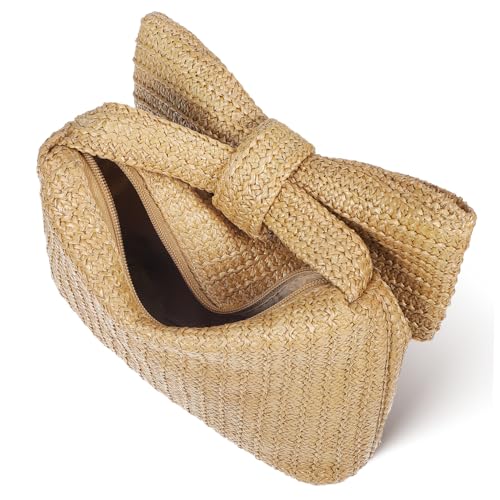 VALICLUD Straw Clutch Bag Damen Handgewebte Strohtasche mit Schleife Geräumige Sommer Strandtasche für Alltag Reise und Shopping Robuste und Modische Gewebte Tragetasche für Frauen von VALICLUD