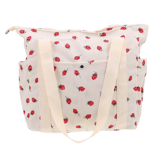 VALICLUD Erdbeer Schultertasche Für Damen Stilvolle Corduroy Umhängetasche Mit Seitenfach Für Shopping Reisen Und Freizeit Im Frühling Sommer Weiß von VALICLUD