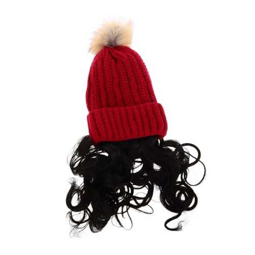 VALICLUD Strickmütze Mit Angesetztem Kunsthaar Für Damen Langes Lockiges Haar-design Warme Beanie-mütze Für Weihnachts Und Neujahrsfeiern Modische Outdoor-aktivitäten-kappe von VALICLUD