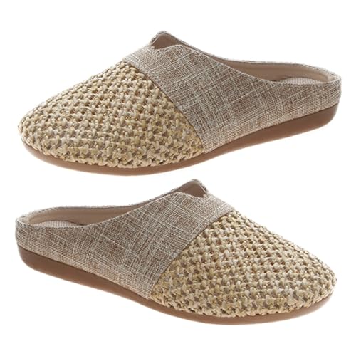 VALICLUD Strohgeflecht Damen Slipper Flach Atmungsaktiv Rutschfest Leicht Casual Sommerschuhe Komfortable Halboffene Ballerinas für Alltag und Freizeit Beige von VALICLUD