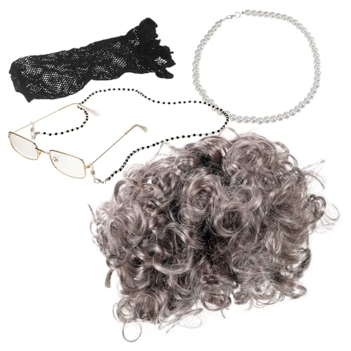 VALICLUD Unverzichtbar Für Kostüm-enthusiasten – Oma-perücke Brille Halsketten-set Perücke Für Alte Dame Oma-kostüm Rollenspiel-accessoire von VALICLUD