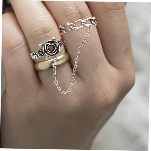 VALICLUD Vintage Damen Ring mit Rosenblüten motiv und Kettendesign Verstellbarer Leichter Metallring Modischer Schmuck für Alltag Party und Geschenk Eleganter Punk style von VALICLUD