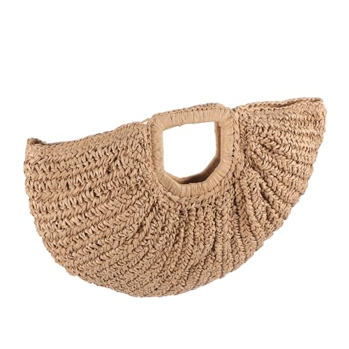 VALICLUD Vintage Damen Strandtasche Halbmondform Geflochtene Sommer Handtasche Für Alltag Und Urlaub Leichte Tragbare Moon Bag Aus Tiefbraunem Stroh Für Frauen von VALICLUD