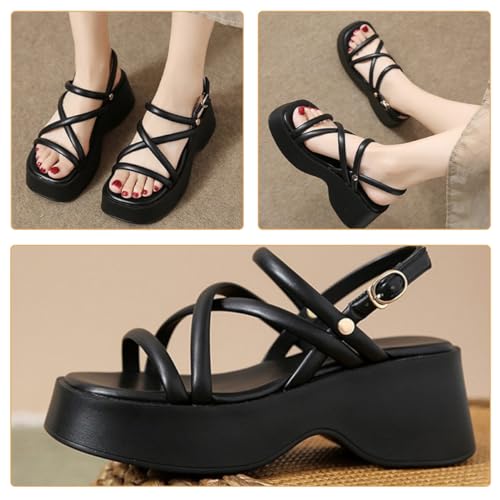 VALICLUD Wedge Sandals Damen Sommer Plattform Sandalen Koreanisch Stil Römisch Modisch Dicke Sohle Schwarz Für Strand Party Outdoor Freizeit von VALICLUD