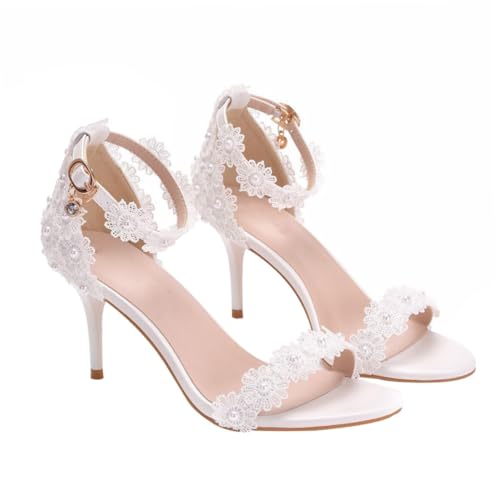 VALICLUD Weiße Spitzen sandaletten Damen mit Feinem Absatz Stilvoller Sommer High Heels Stilvolle Hochzeitsschuhe für Party Abend Business und Festliche Anlässe Angenehm und Leicht von VALICLUD
