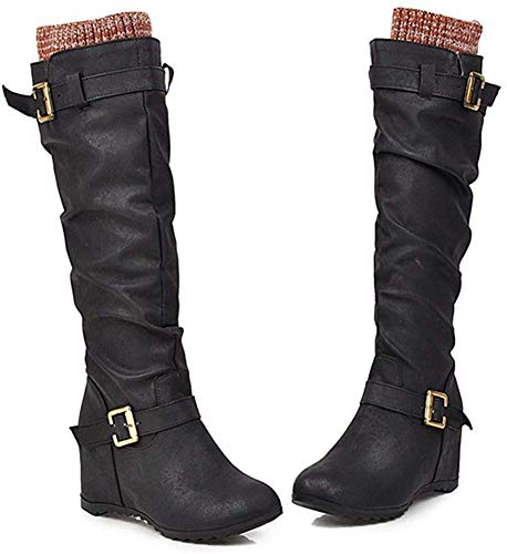 Venus valink Damen Western Cowboy Kniestiefel Winter Warm Outdoor Punk Stiefel Oberschenkelhohe Stiefel PU Leder Hight Heel Lange Stiefel Weibliche Winterstiefel Schuhe Gr. 37 EU, Schwarz von Valink