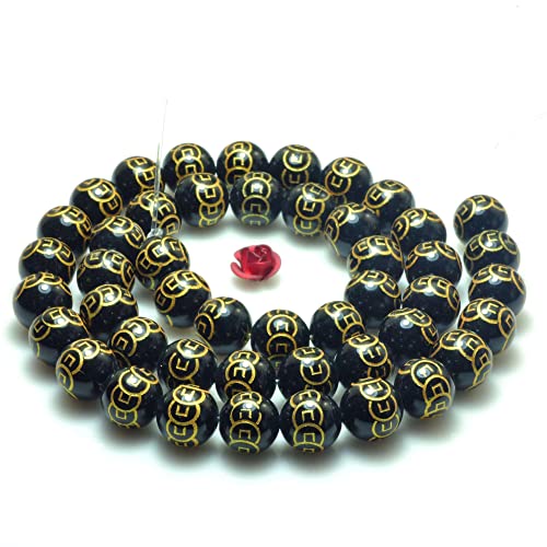 Exquisite handgefertigte Perlen, schwarzer Achat natürliche lose Perlen geschnitzt Geld Runde Schmuck Armband DIY Material Halskette Armband (8mm 47PCS) von VALISS
