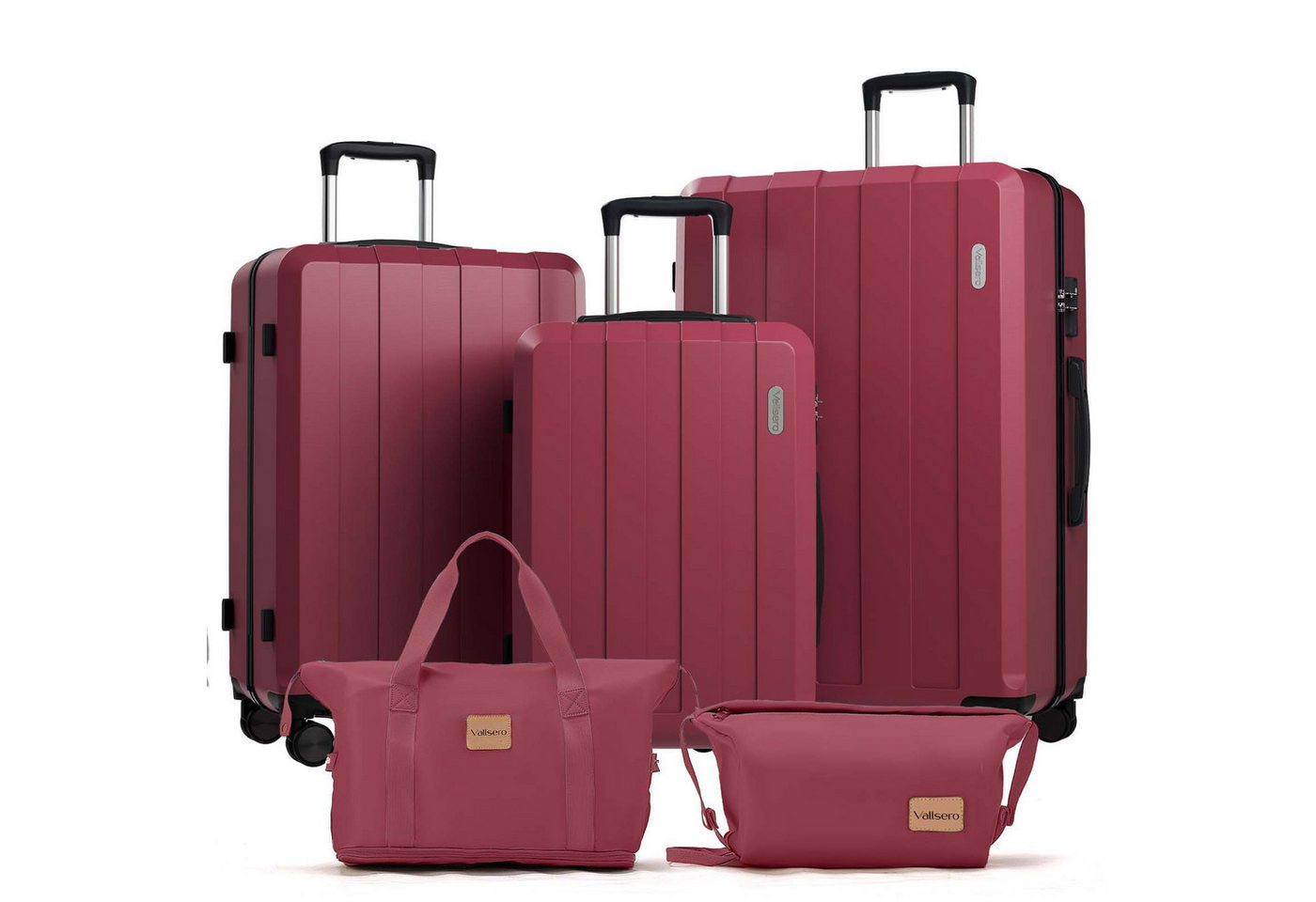 VALLSERO Trolleyset Koffer-Set( M,L,XL) Hartschalen-Koffer, Rollkoffer 5-teiliges Set, (Hartschalen Trolley + Schulranzen, Kosmetiktaschenset), Handgepäck 4 Rollen, ABS-Material, Schwarz/Pink von VALLSERO
