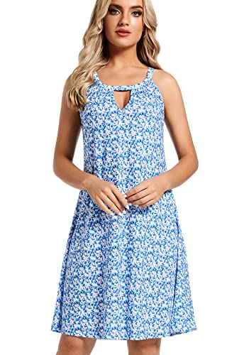 VALPEAKER Damen Strandkleid Kurz Kleid Sommerkleid Rundkragen(Light Blue Flowers,L) von VALPEAKER