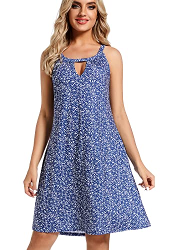 VALPEAKER Sommerkleid Damen, Damen Knielang Ärmellos Sommer Kleider Sexy Elegant Kleid Vintage Boho Strandkleider (Blauer Druck,M) von VALPEAKER