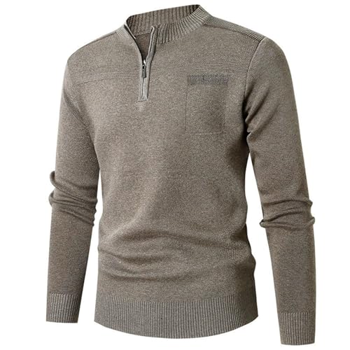 VAMELO Lässiger Herren-Pullover mit Rundhalsausschnitt, einfarbig, Herbst- und Winter-Innenkleidung, Herren-Strickpullover mit Viertelreißverschluss, Khaki, X-Groß von VAMELO