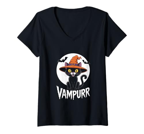 Damen Vampurr Vampir Schwarz Kätzchen Lustiges Halloween Tier T-Shirt mit V-Ausschnitt Damen Vampurr Vampir Schwarz Kätzchen Lustiges Halloween Tier T-Shirt mit V-Ausschnitt von VAMPURR